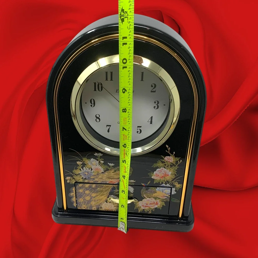 NEW Vintage 1980s Asian Black Acrylic Quartz Mantel Clock Drawer Boxed Japan
